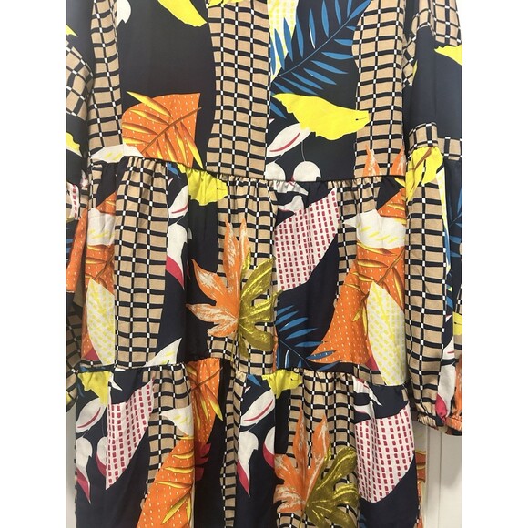 Tiered V-Neck, Navy, Yellow, Orange Colorful Abstract Flowy Comfortable Dress XL - Picture 5 of 7